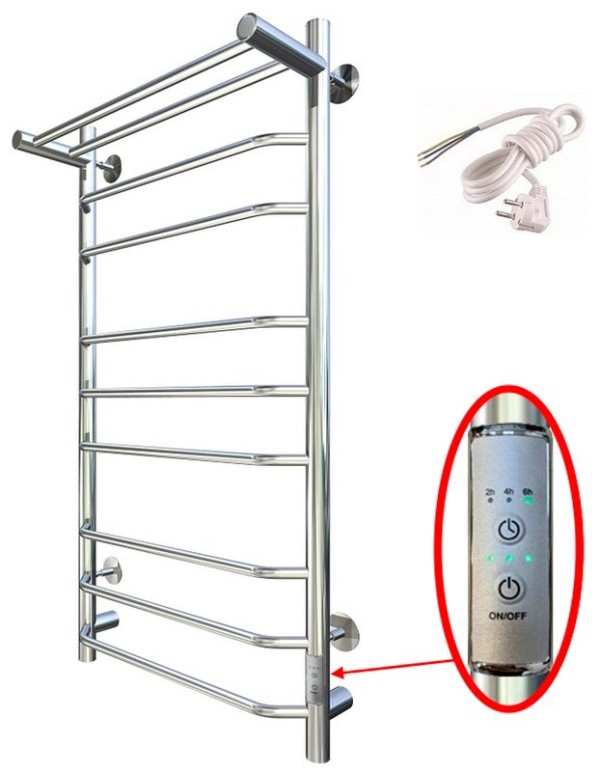 Полотенцесушитель электрический Тругор Браво ПЭК СП3П 100x55 см, подключение справа, слева, глянцевый хром, лесенка, с полкой