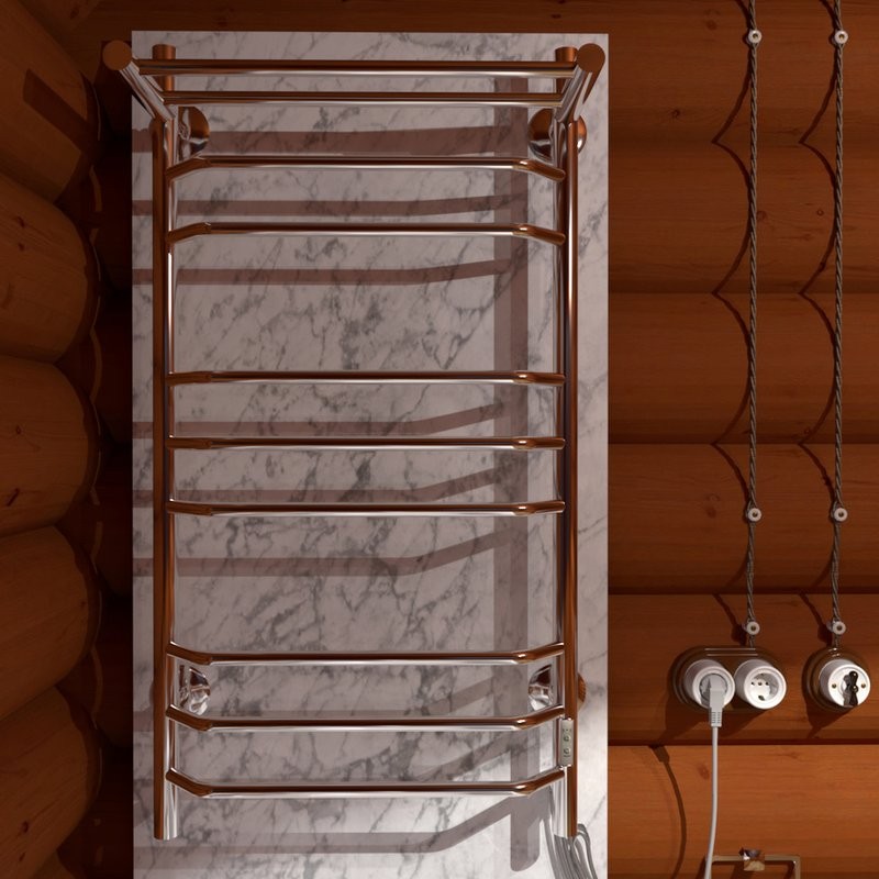 Полотенцесушитель электрический Тругор Браво ПЭК СП3П 100x55 см, подключение справа, слева, глянцевый хром, лесенка, с полкой