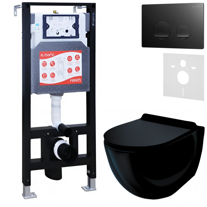 Комплект Унитаз подвесной Esbano Garcia ESUPGARCB черный глянец + Инсталляция Fram + Кнопка ESINSLM37MB