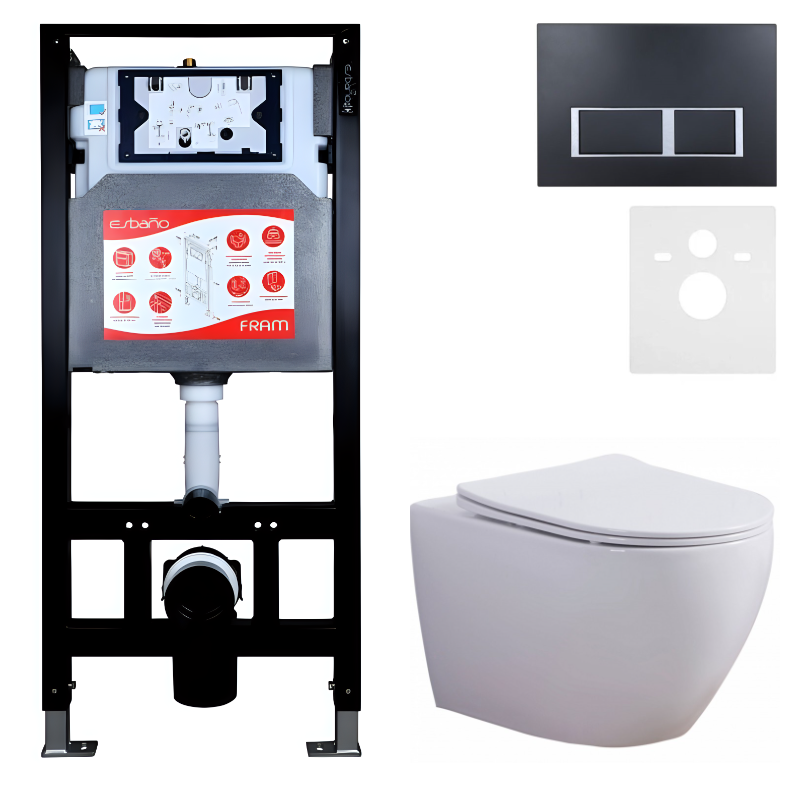 Комплект 3 в 1 Унитаз подвесной Esbano Azalea ESUPAZALW + Инсталляция Fram + Кнопка ESINPRK12MB цвет матовый черный