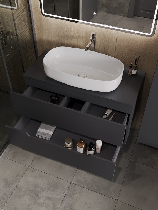Тумба с раковиной Orange Line 100 подвесная, 2 ящика, матовый графит с раковиной B07-675W