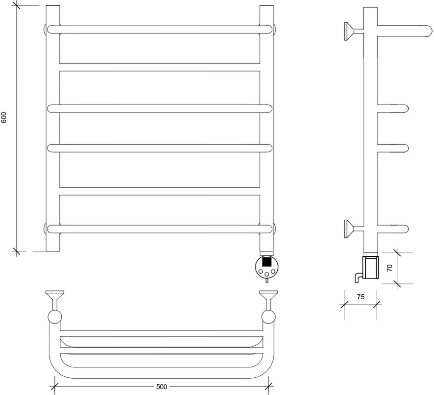 Полотенцесушитель электрический Secado Верона 2 60x50 см, подключение справа, матовый черный, лесенка, с полкой
