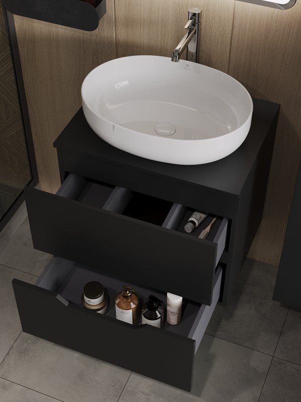 Мебель для ванной комнаты Orange Line 60 подвесная, 2 ящика, матовая черная с раковиной B05-520W