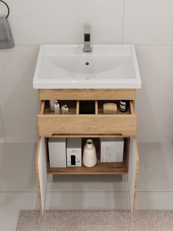 Тумба с раковиной SanStar Модена 60 напольная, дуб крафт золотой