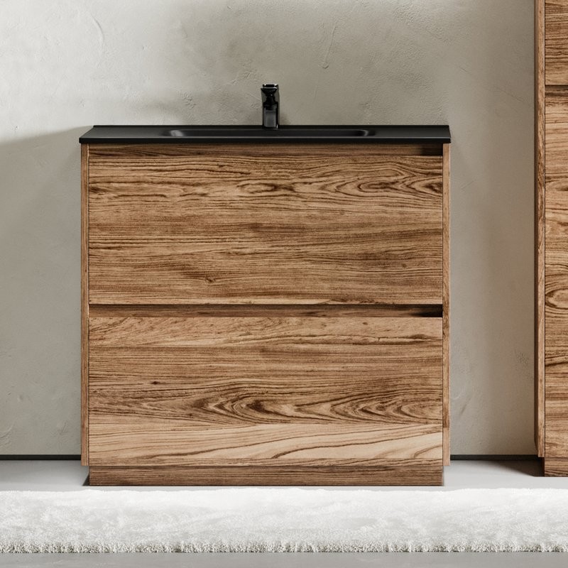 Тумба с раковиной Sancos Libra Floor 90 дуб чарльстон, черная раковина CN7002MB