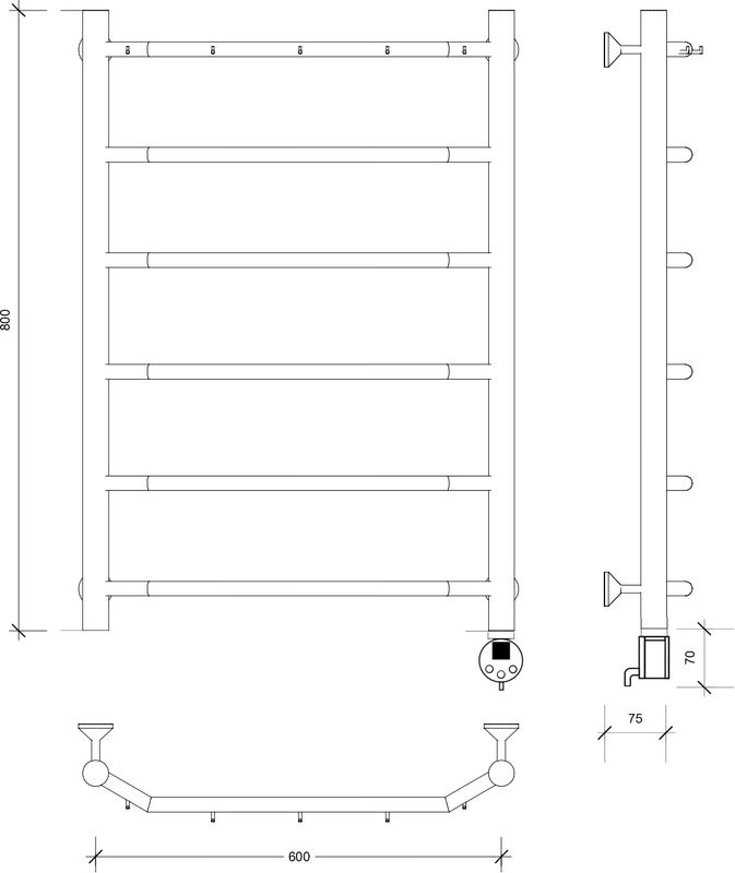 Полотенцесушитель электрический Secado Агата 1 К 80x50 см, подключение справа, графит, лесенка