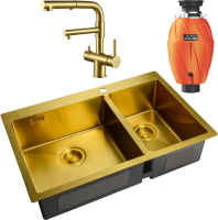 Комплект Мойка Zorg Light + Смеситель Sanitary SZR-3216 Bronze бронза + Измельчитель Omoikiri Nagare 1000