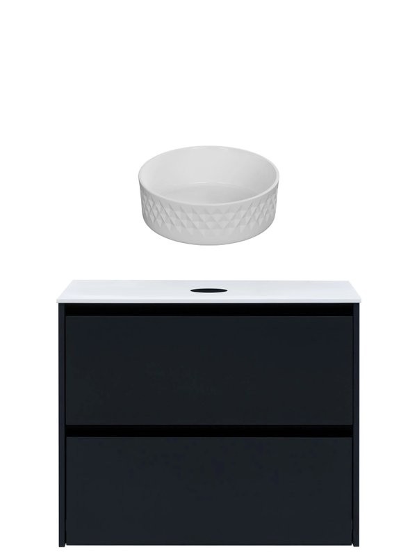 Тумба с раковиной Allen Brau Activity 80 с подсветкой, матовый антрацит, черный браш, столешница белая, раковина Fantasy Romb 36 белая