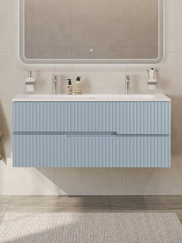 Тумба с раковиной Cezares Duet-n 120 подвесная, 2 ящика, для двоих, жемчужная голубая