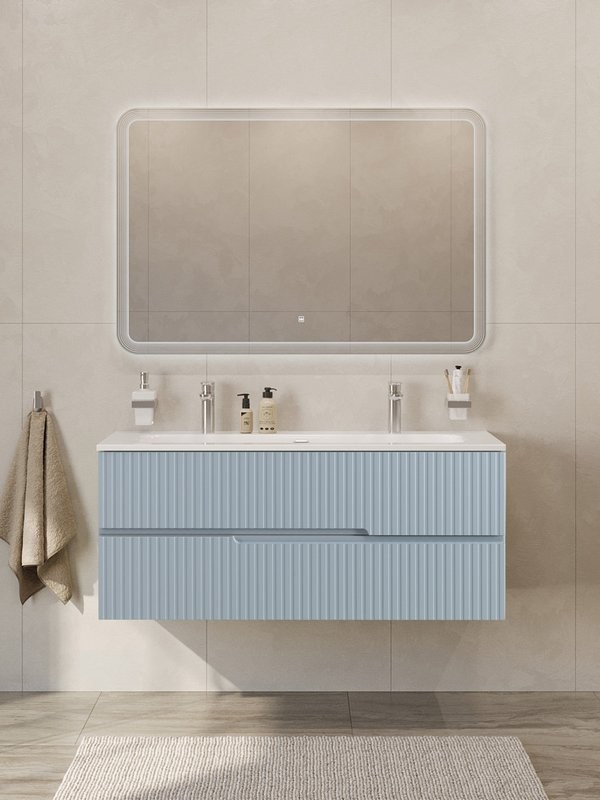 Тумба с раковиной Cezares Duet-n 120 подвесная, 2 ящика, для двоих, жемчужная голубая