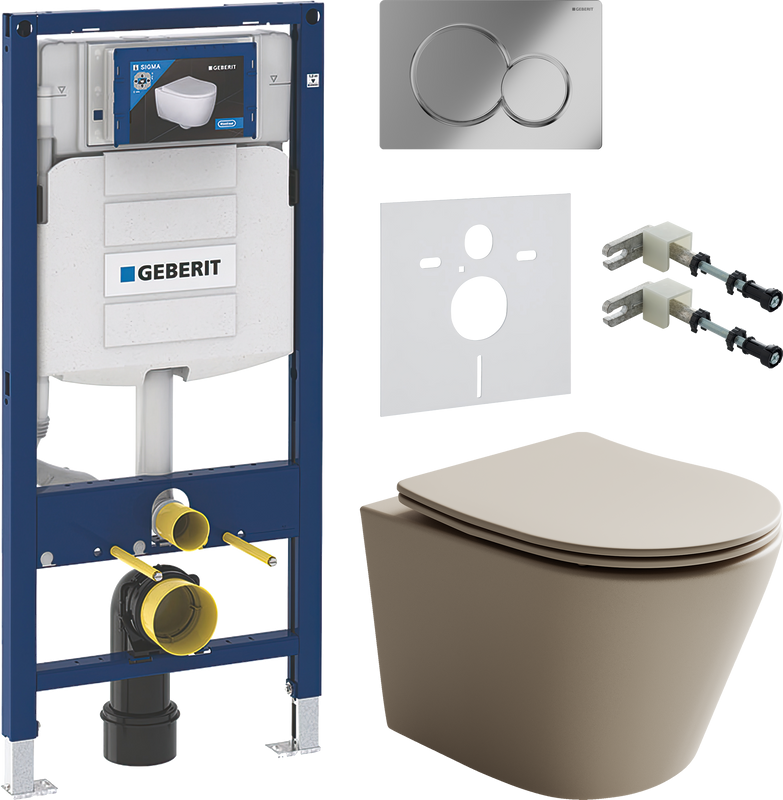 Комплект Унитаз подвесной Ceramicanova Balearica Rimless CN6000MC капучино матовый + Крепления Geberit Duofix 111.815.00.1 к стене + Звукоизоляция + Инсталляция UP 320 111.300.00.5 + Кнопка Sigma 01 115.770.21.5 хром