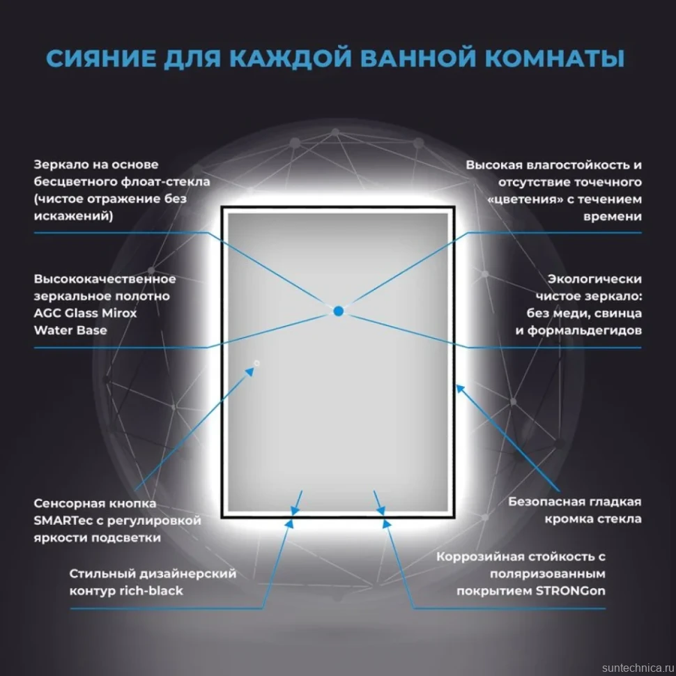Зеркало Wellsee 7 Rays’ Spectrum 70х85 с фронтальной подсветкой, черное матовое
