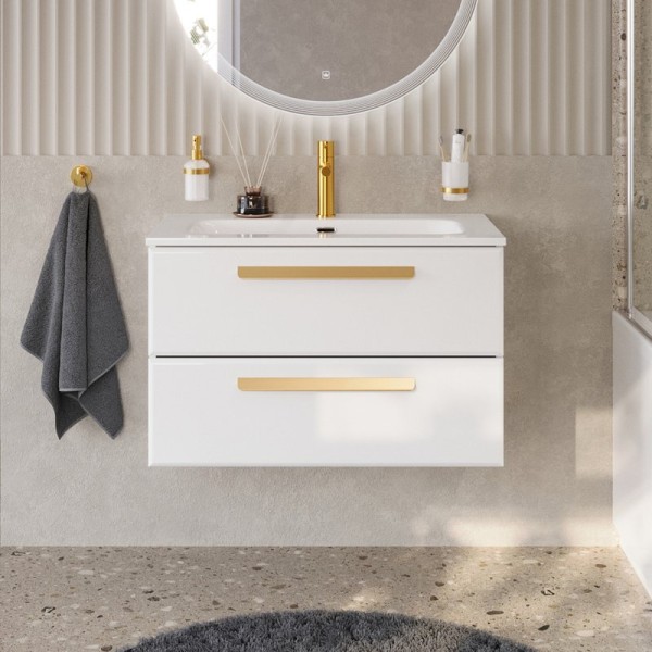 Тумба с раковиной Cezares Eco Cer-N 80 bianco opaco, раковина Eco 80, ручки сатиновое золото