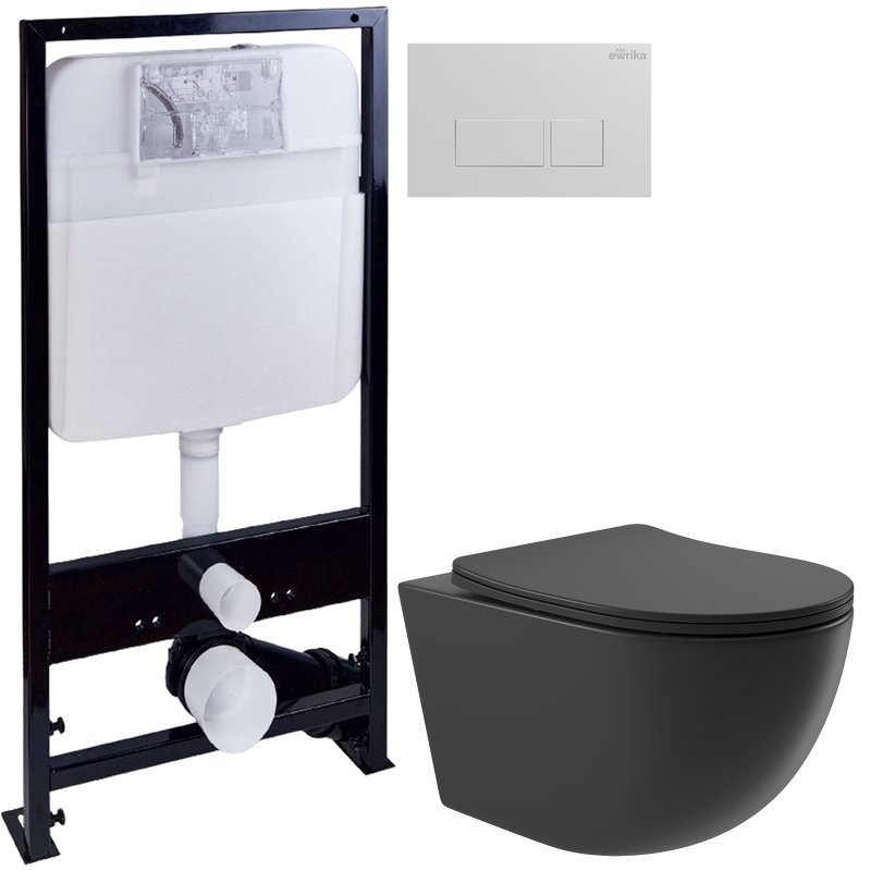 Комплект Унитаз подвесной Aqueduto Ovo OVO0140 безободковый, с микролифтом, черный матовый + Инсталляция EWRIKA ProLT 0026-2020 + Кнопка 0042 белая