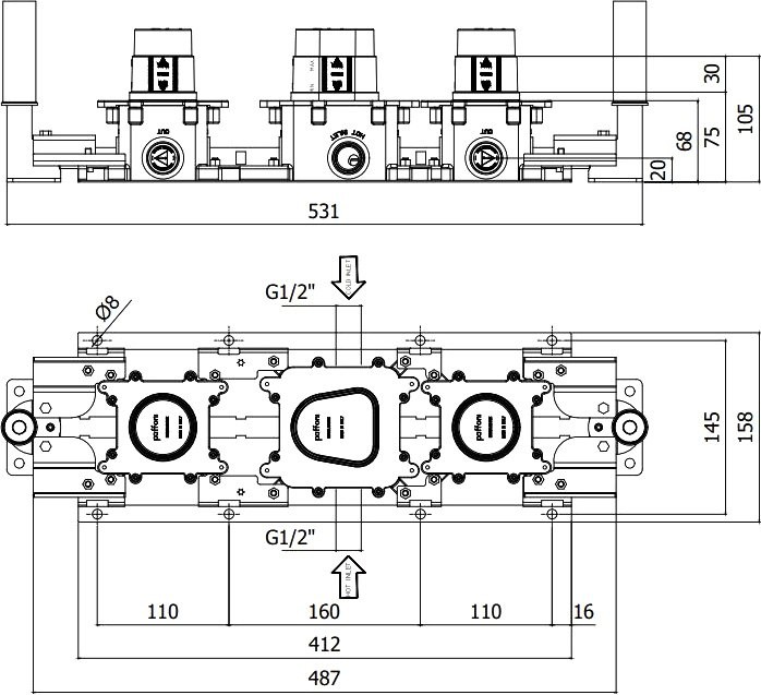 Термостатический смеситель встраиваемый Paffoni Modular Box MDE001NO С ВНУТРЕННЕЙ ЧАСТЬЮ, матовый черный