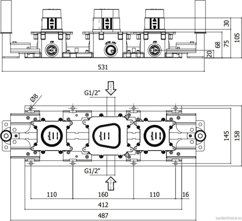 Термостатический смеситель встраиваемый Paffoni Modular Box MDE001NO С ВНУТРЕННЕЙ ЧАСТЬЮ, матовый черный