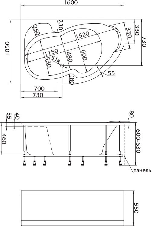 Акриловая ванна Marka One Aura L 160x105 см, угловая, левая, пристенная, белая, асимметричная, с каркасом