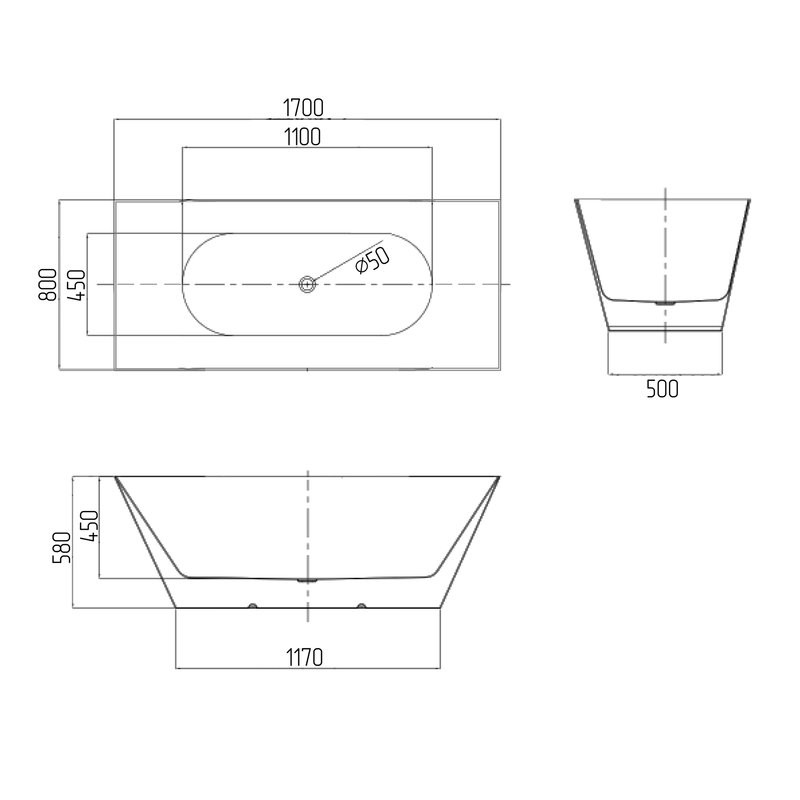 Акриловая ванна Grossman Cristal GR-2023 170x80 см, отдельностоящая, белая, с донным клапаном
