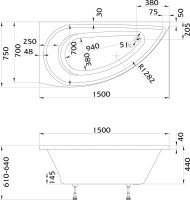 Акриловая ванна 1MarKa Piccolo L 150x75 см, угловая, левая, пристенная, белая, асимметричная, с каркасом