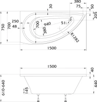 Акриловая ванна 1MarKa Piccolo L 150x75 см, угловая, левая, пристенная, белая, асимметричная, с каркасом