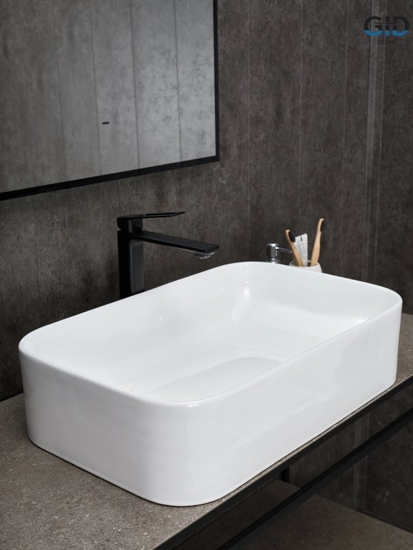 Накладная раковина GID Geometrico N9598 61 глянцевая белая, прямоугольная, фаянс