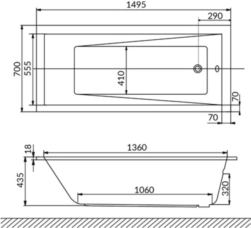 Акриловая ванна WHITECROSS Wave Slim 150x70 см, встраиваемая, белый глянец, на ножках