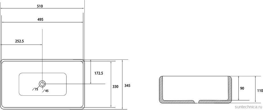 Накладная раковина Abber Rechteck AC2207MW 51 матовая белая, прямоугольная, фаянс