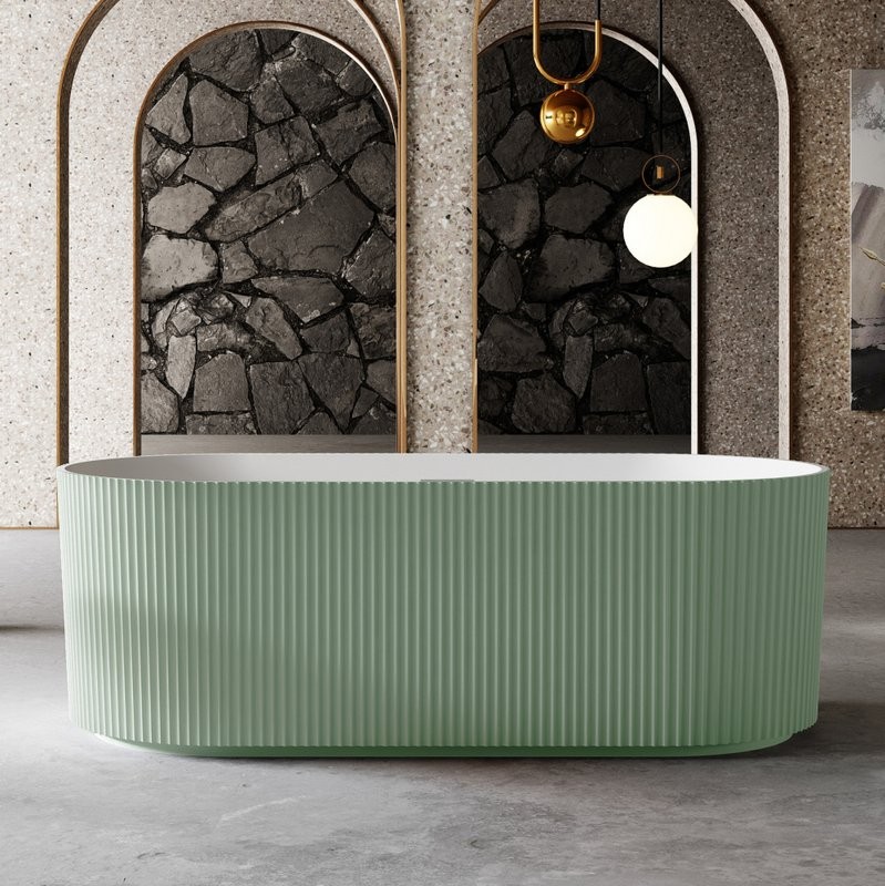Ванна из искусственного камня Abber Stein AS9601MCG 170x75 см, отдельностоящая, матовая зеленая, овальная, на ножках, с донным клапаном, фурнитура белая