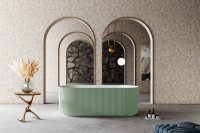 Ванна из искусственного камня Abber Stein AS9601MCG 170x75 см, отдельностоящая, матовая зеленая, овальная, на ножках, с донным клапаном, фурнитура белая