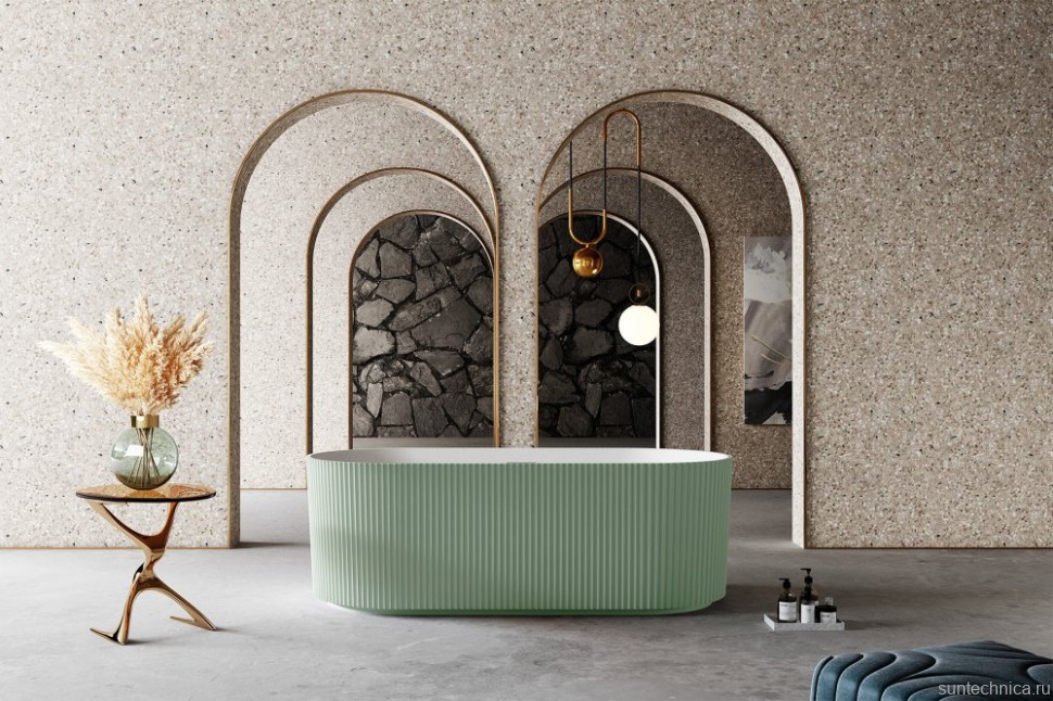 Ванна из искусственного камня Abber Stein AS9601MCG 170x75 см, отдельностоящая, матовая зеленая, овальная, на ножках, с донным клапаном, фурнитура белая