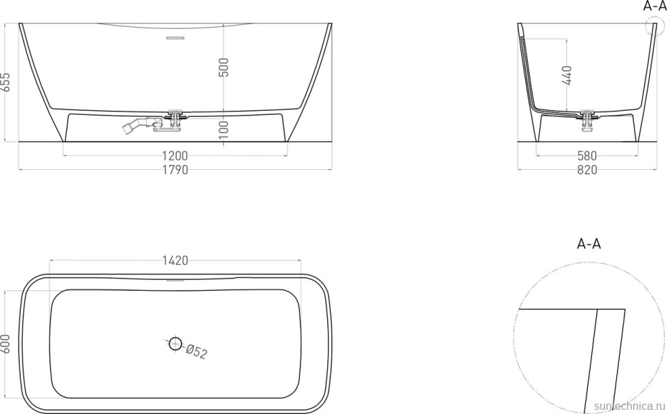 Ванна из искусственного камня Salini Agata S-Sense 180x80 см, отдельностоящая, белая, со сливом-переливом, с донным клапаном
