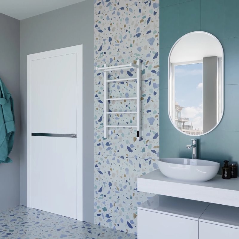 Полотенцесушитель электрический Grota Alto 430х800 RAL9016 EL 80x45 см, подключение справа, слева, скрытое подключение справа, матовый белый, лесенка, из стали, с полкой