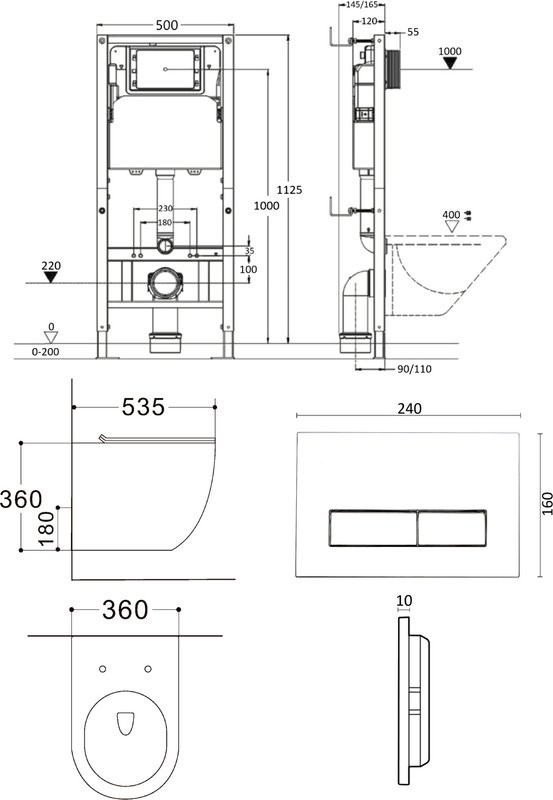 Комплект Agger ATI03144+APB200 Унитаз подвесной безободковый, с микролифтом, матовый черный + Система инсталляции + Кнопка смыва хром