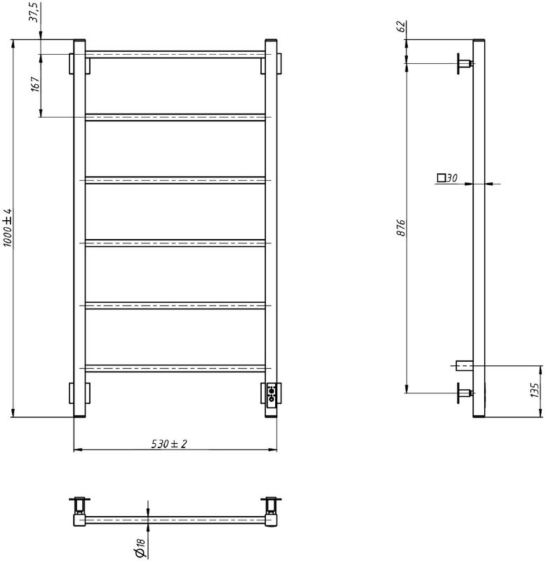 Полотенцесушитель электрический Grota Simple K 530х1000 NM EL 100x55 см, подключение справа, слева, скрытое подключение справа, матовый хром, лесенка