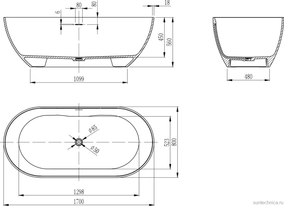 Ванна из искусственного камня Vincea VBT-4S04MW 170x80 см, отдельностоящая, матовая белая, овальная, со сливом-переливом, с донным клапаном