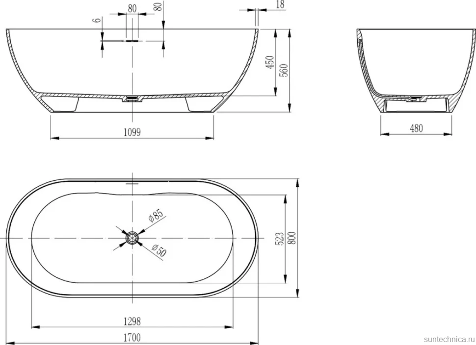 Ванна из искусственного камня Vincea VBT-4S04MW 170x80 см, отдельностоящая, матовая белая, овальная, со сливом-переливом, с донным клапаном