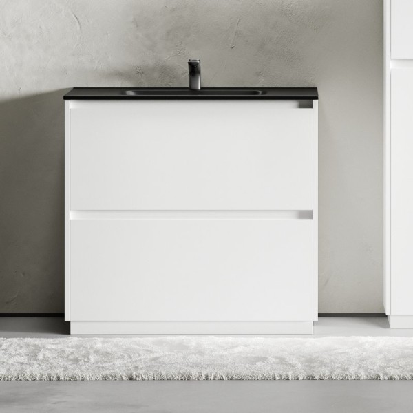 Тумба с раковиной Sancos Libra Floor 90 белый глянец, черная раковина CN7002MB
