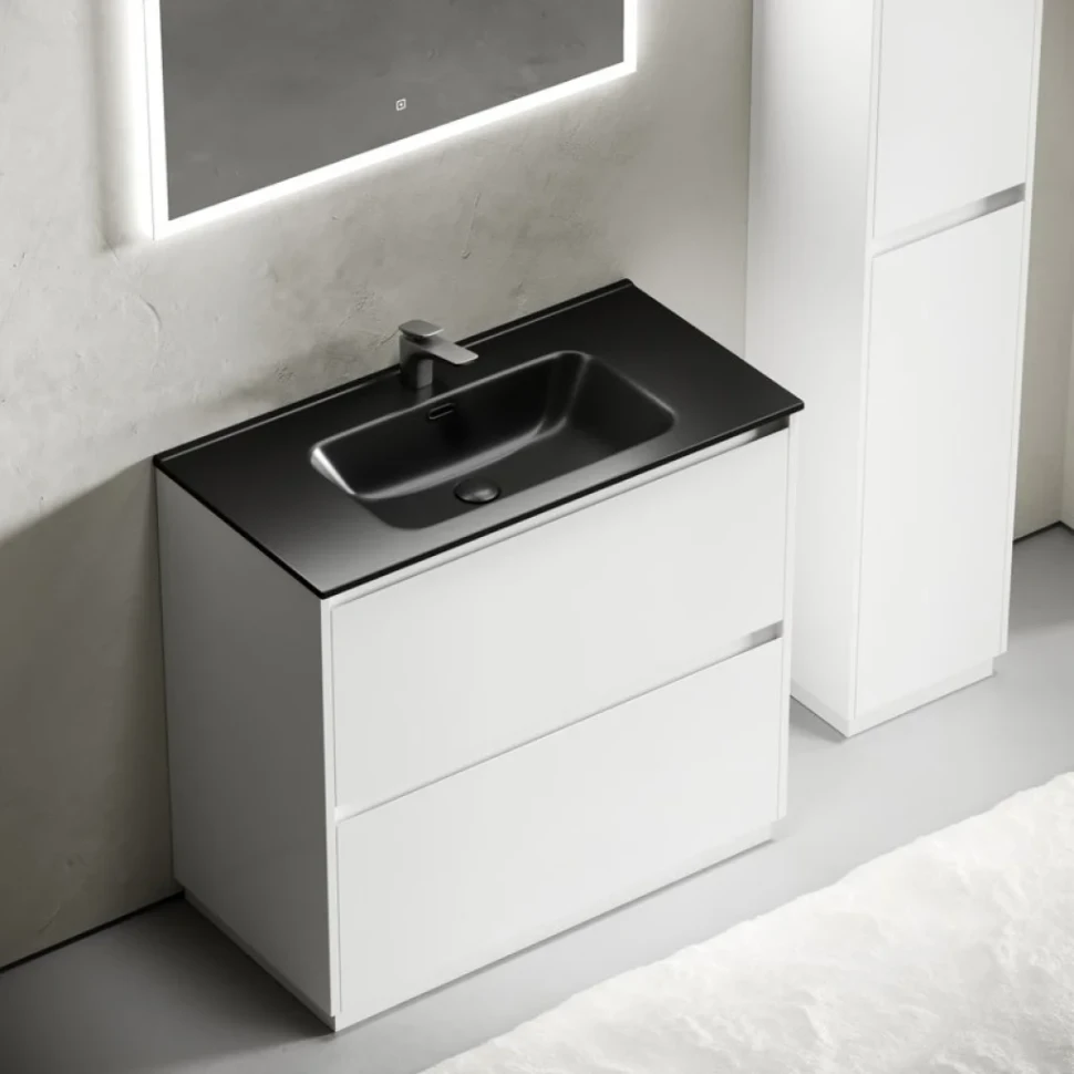 Тумба с раковиной Sancos Libra Floor 90 белый глянец, черная раковина CN7002MB