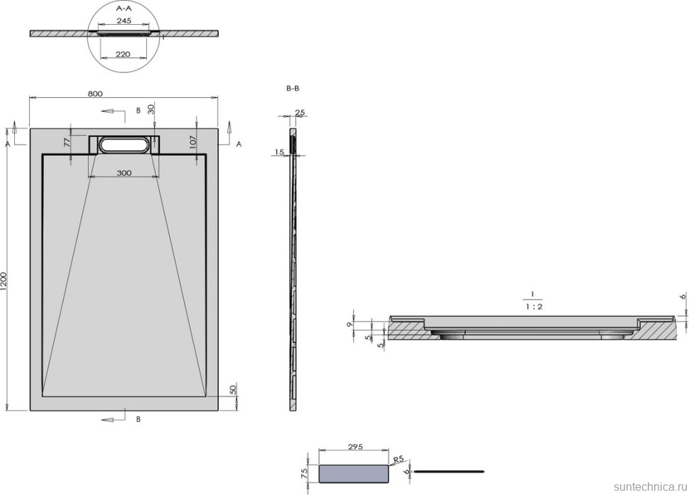 Поддон для душа Vincea VST-4SRL8012A 120x80 антрацит, с сифоном