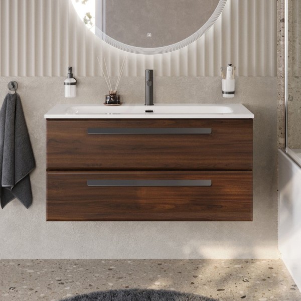 Тумба с раковиной Cezares Eco Cer-N 100 орех шоколад софт, раковина Eco 100, ручки матовые черные