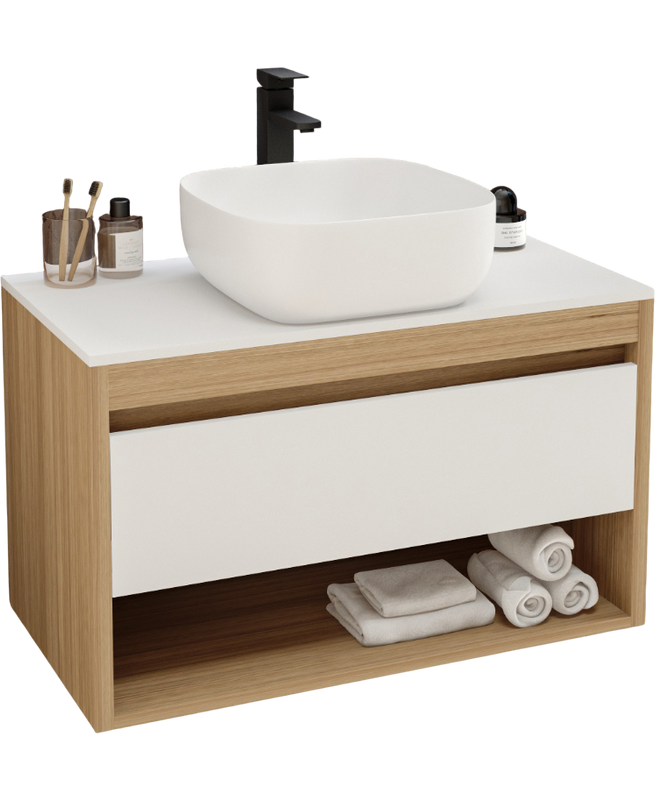 Тумба с раковиной Teymi Ritta 85 дуб эврика, матовая белая, раковина Solli 41