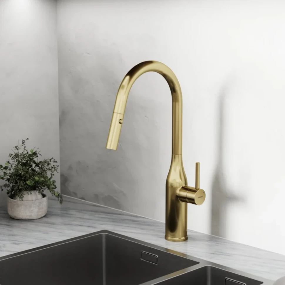 Смеситель для кухни Sancos Grand SC4002BG с вытяжным изливом, брашированное золото