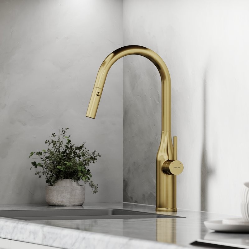 Смеситель для кухни Sancos Grand SC4002BG с вытяжным изливом, брашированное золото