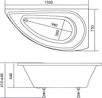 Акриловая ванна 1MarKa Piccolo R 150x75 см, угловая, правая, пристенная, белая, асимметричная, с каркасом