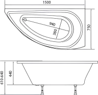 Акриловая ванна 1MarKa Piccolo R 150x75 см, угловая, правая, пристенная, белая, асимметричная, с каркасом
