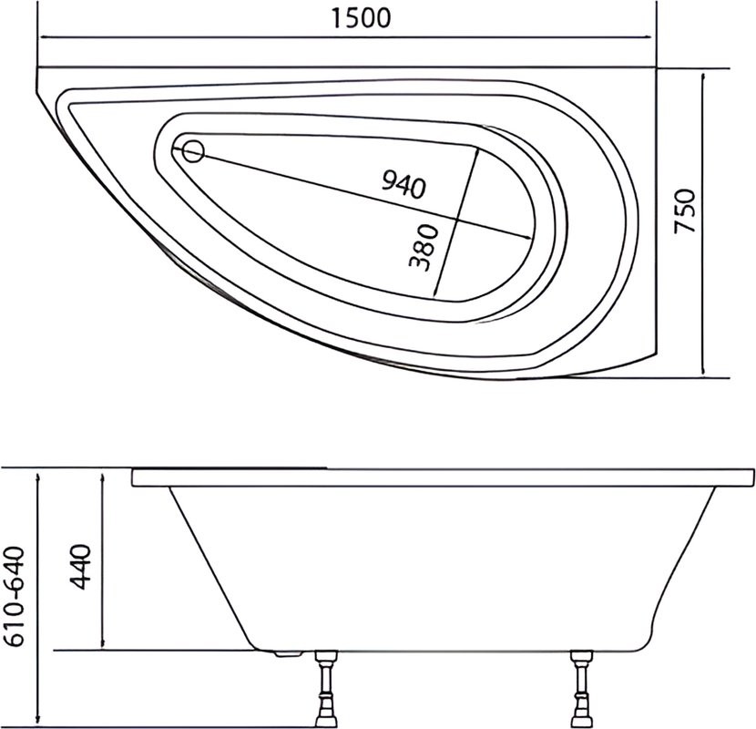 Акриловая ванна 1MarKa Piccolo R 150x75 см, угловая, правая, пристенная, белая, асимметричная, с каркасом