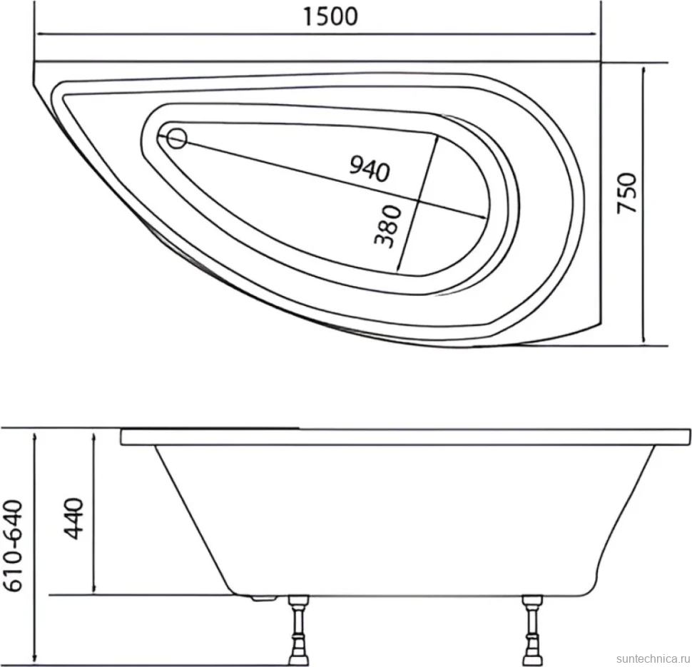 Акриловая ванна 1MarKa Piccolo R 150x75 см, угловая, правая, пристенная, белая, асимметричная, с каркасом