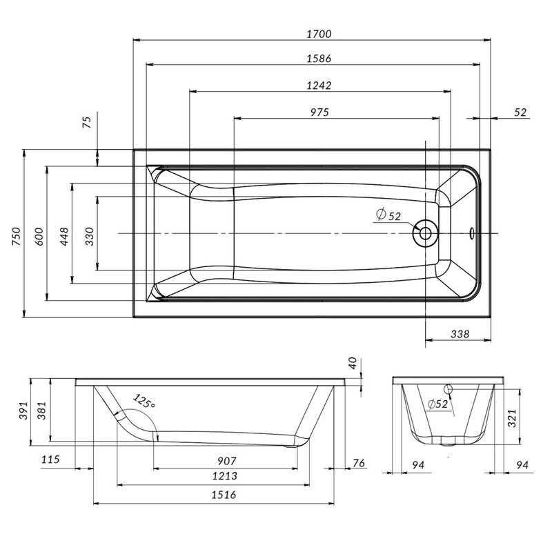 Акриловая ванна AM.PM Gem 170x75 см, пристенная, белая, с каркасом