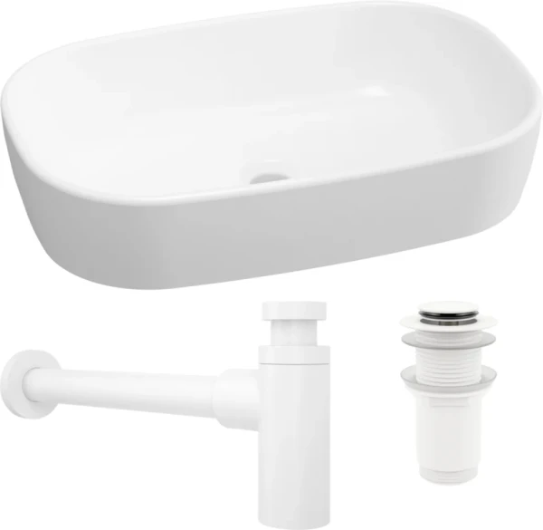 Комплект Накладная раковина Lavinia Boho Bathroom Sink 33311002 + Донный клапан Wellsee Drainage System 182138000 матовый белый + Сифон 182108000 белый
