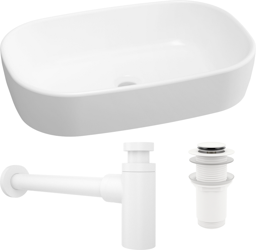 Комплект Накладная раковина Lavinia Boho Bathroom Sink 33311002 + Донный клапан Wellsee Drainage System 182138000 матовый белый + Сифон 182108000 белый